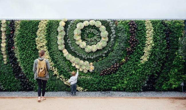 mother and child standing in front of a mural made of plants