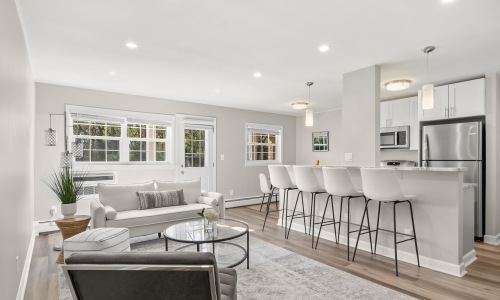 living room with seating plant and kitchen